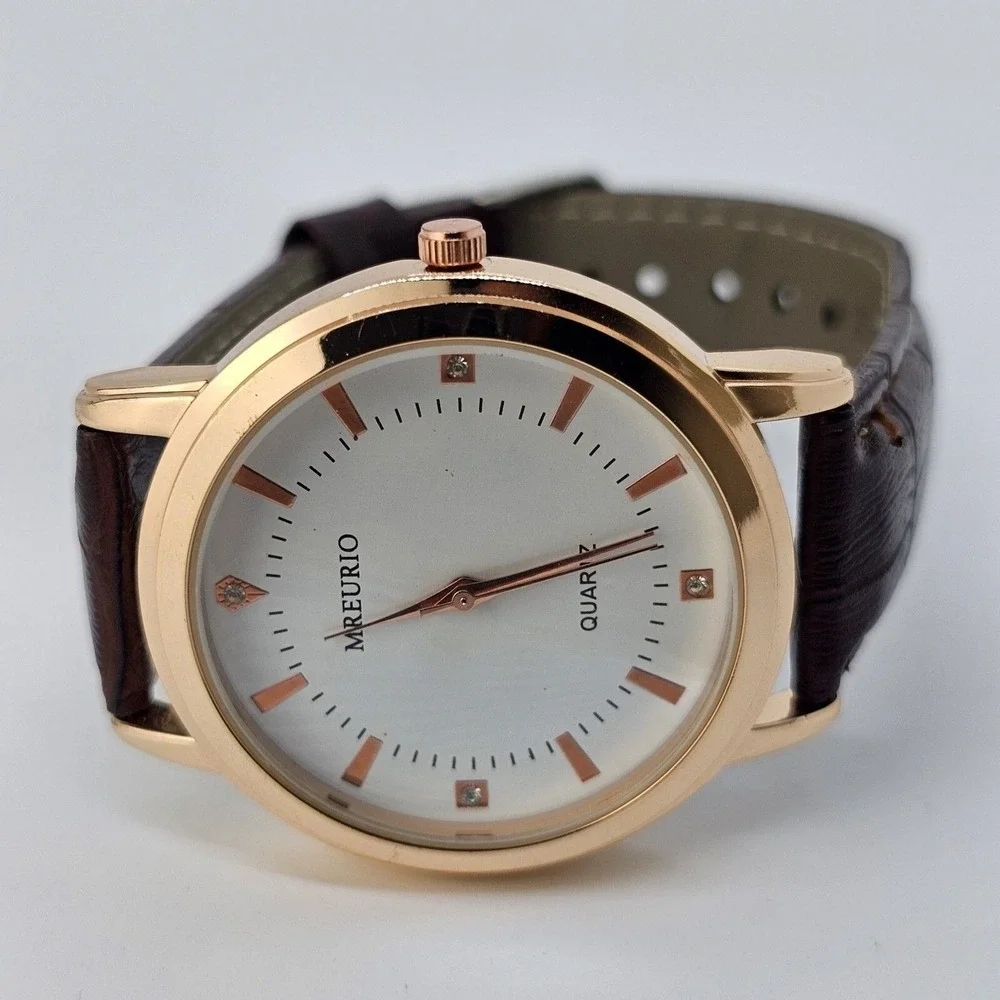 Men's‎ Watch 40MM White Gold Case Dial Brown Leather Bands New Battery